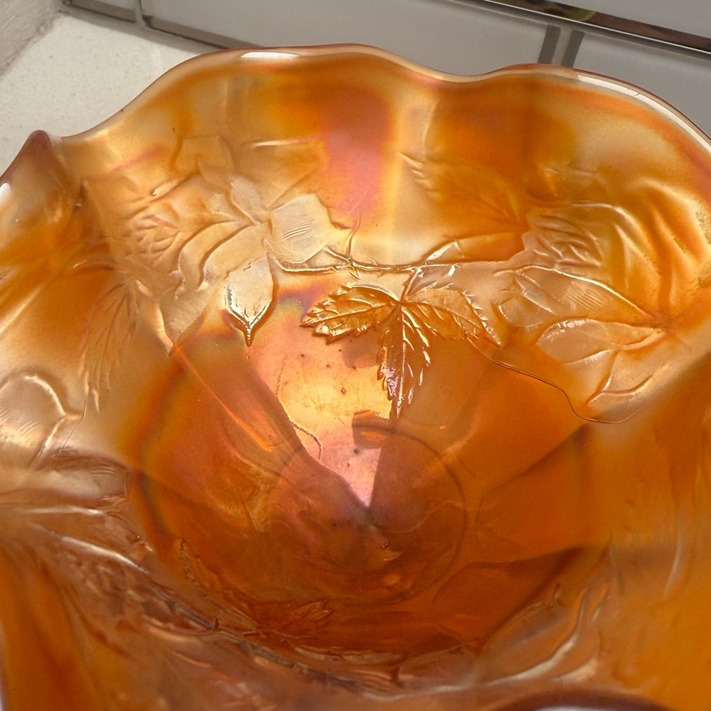 Vintage Carnival Glass Marigold Ruffled Edges Footed Bowl Iridescent Floral - Picture 8 of 17